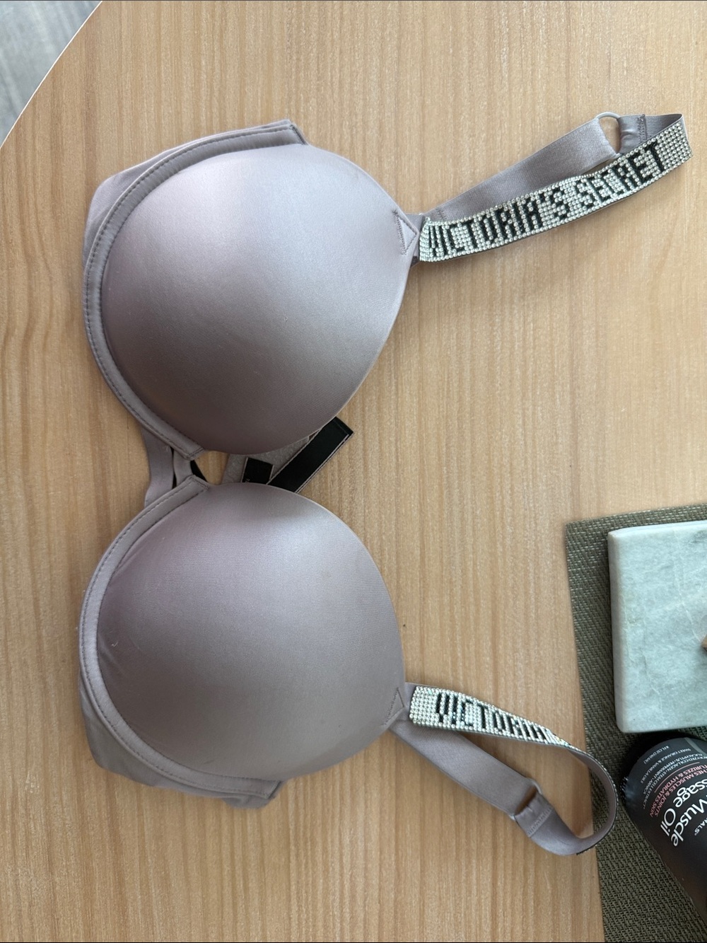 Victoria's Secret Satin Taupe Push-Up Bra with Logo Embellished Straps